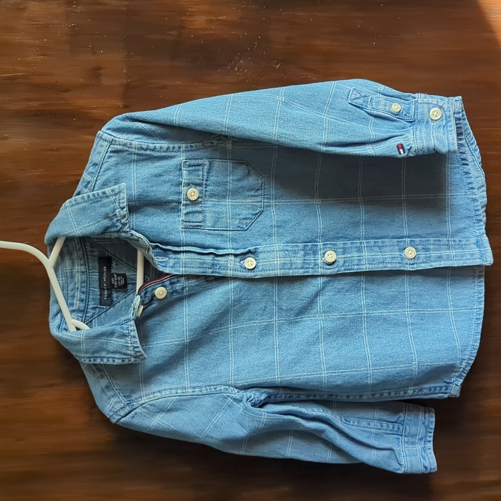 Tommy Hilfiger button-down denim shirt with plaid design. Size xxs 2-3